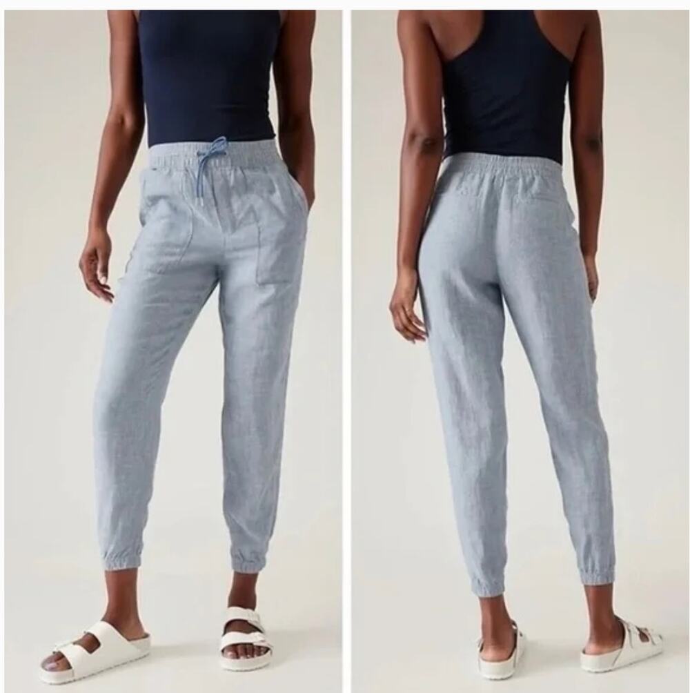 Athleta Retreat Linen Joggers 10 Blue Chambray Pants Travel Resort Cruise